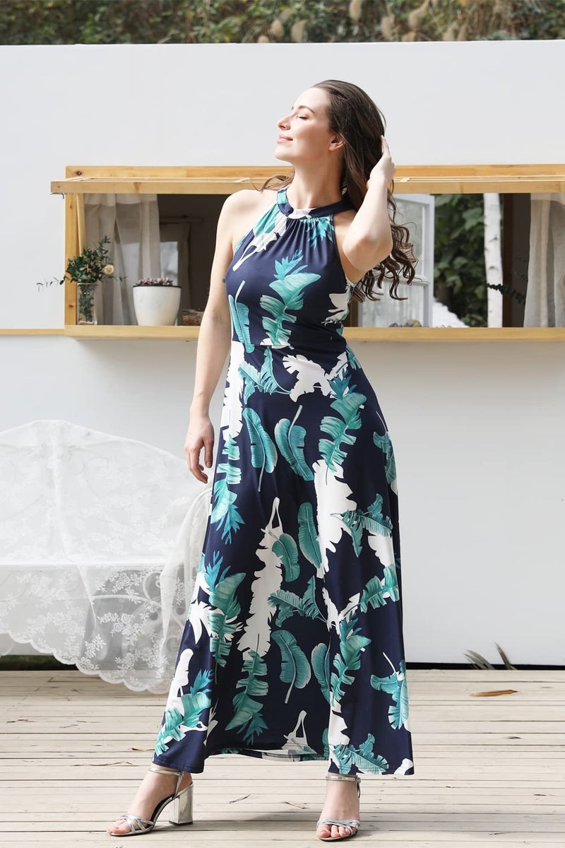 STYLEWORD Women's 2026 Summer Hawaiian Beach Maxi Dresses Tropical Halter Neck Vacation Long Dress Spring Trendy Outfits(Floral 01,M) - Image 4